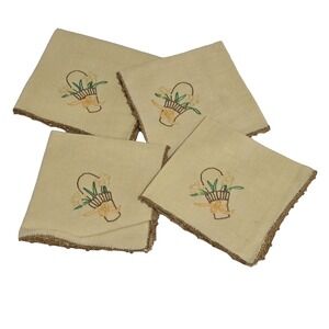VTG Hand‎ Embroidered Linen Napkins Set of 4 Yellow Floral Basket Crochet Trim